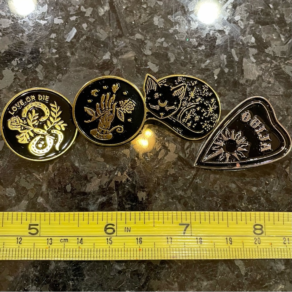4 pins - ouija planchette, black cat, hand with rose, & love or die snake
